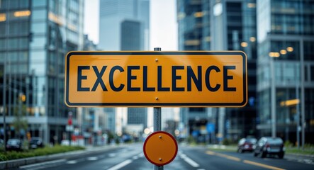 Obraz premium excellence text on road sign in middle of modern business city background