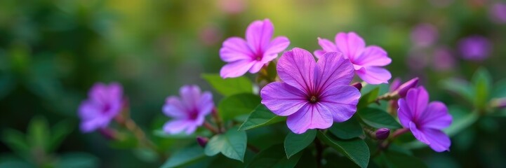 Fototapeta premium Shali violet blooms in clusters of five on the bush, clusters, bush, greenery