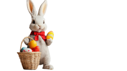 Easter bunny holding basket and egg on transparent background