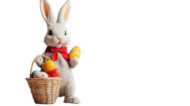 Easter bunny holding basket and egg on transparent background