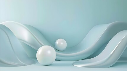 A serene abstract composition with smooth waves and glossy spheres in a soft blue palette.