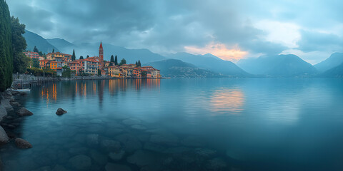Obraz premium Serene twilight reflection over lake varenna italy landscape photography calm waters scenic view travel inspiration