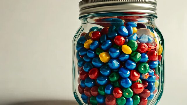 Colorful candy coated chocolate candies packed in a glass jar on a neutral background