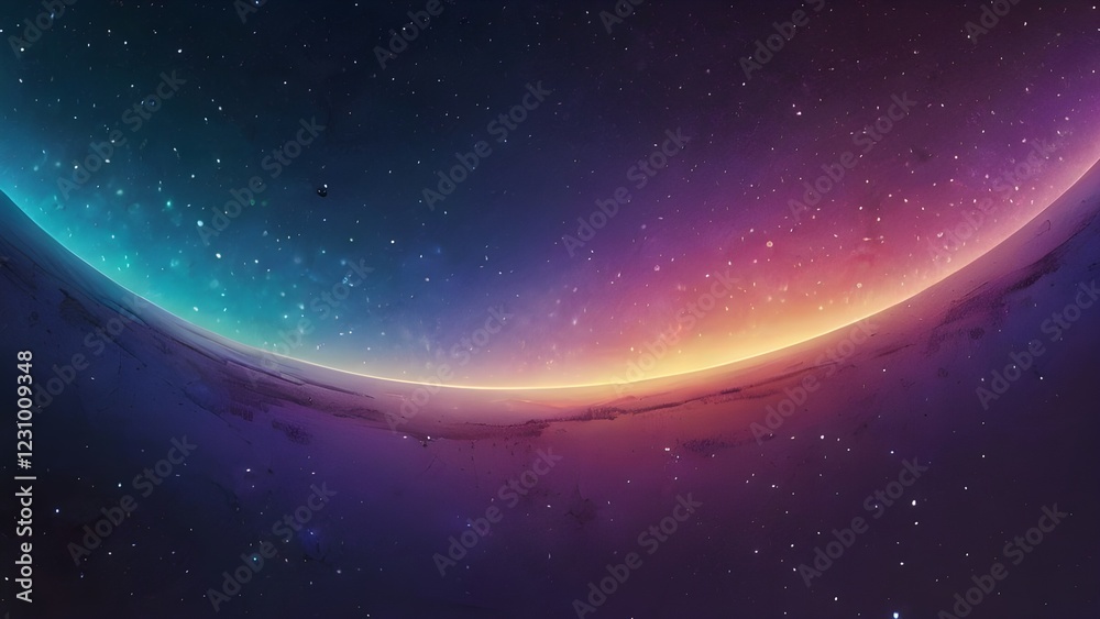 Wall mural a cosmic scene features a vibrant interplay of colors, with a glowing horizon line separating deep s