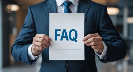 faq text on plain white paper in hand on guy on formal suit business concept background