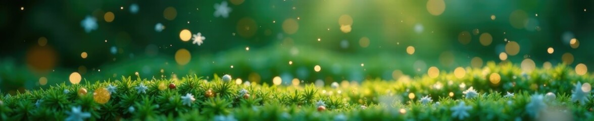 Obraz premium Sparkling snowflakes fall gently on a green landscape, winter wonderland, glitter rain, golden particles