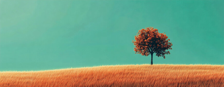 Lone Tree Standing in a Vast Grassy Field Against a Teal and Orange Cinematic Background
