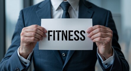 fitness text on plain white paper in hand on guy on formal suit business concept background