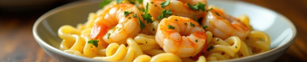 Succulent shrimp with a rich zesty garlic butter sauce served on al dente pasta, zesty, pasta