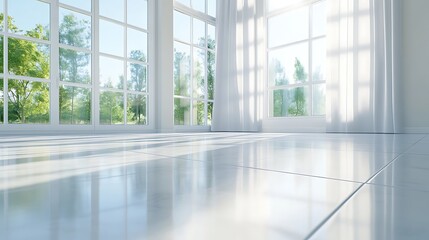 Bright Room With Large Windows And White Curtains