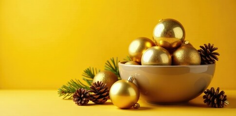 A bowl of golden Christmas balls and pinecones against a sunny yellow background, earthy, autumnal elements, golden accents