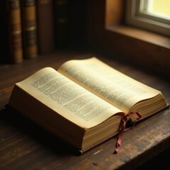 Obraz premium A book with a golden glow sits on a wooden table, rustic, wooden