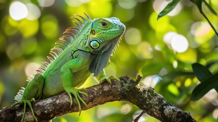 Obraz premium Vibrant green iguana perches majestically on a tree branch surrounded by lush foliage