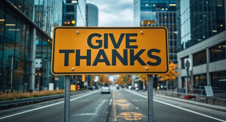 give thanks text on road sign in middle of modern business city background