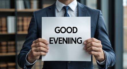 good evening text on plain white paper in hand on guy on formal suit business concept background