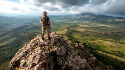 Fototapeta premium Majestic mountain views inspire reflection from a cliff's edge