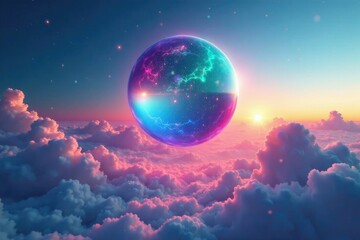 Fototapeta premium A colorful orb levitates above the azure expanse, sphere, glowing, chromatic