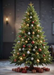 Evergreen fir Christmas tree with snowflakes and ornaments, ornaments, frosty, decorated tree