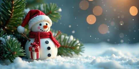 A gift placed at the base of a snowman on fir branches, holiday decoration, snowman, gift