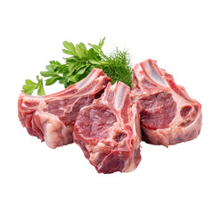 Fresh Raw Meat Cuts on White Background with Green Herbs Decoration