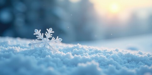 A lone snowflake gently falls amidst the swirling shapes of a cloudy sky and snowy landscape, soft, serene, shape