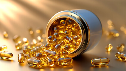 clouse-up a Transparent Capsules of Nutritional Supplements Illuminated by Warm Sunlight