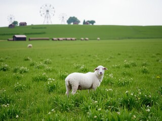 Fototapeta premium Rural landscape with a white sheep in green field, green grass, rolling hills, rural scene