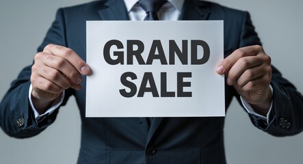 Obraz premium grand sale text on plain white paper in hand on guy on formal suit business concept background