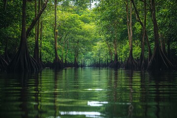Obraz premium Enchanting Mangrove Paradise: Exploring the Intricate Roots of a Lush Forest Canopy by the Glistening Shoreline
