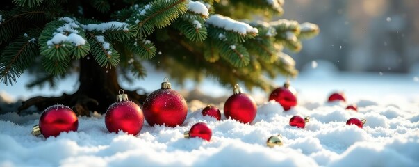 Colorful festive red and white ornaments scattered on the snow covered ground under a tall evergreen tree, , white, spread