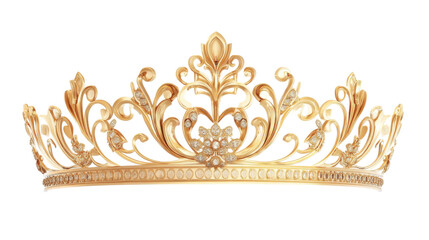 Golden crown with diamonds on transparent background representing royalty and power