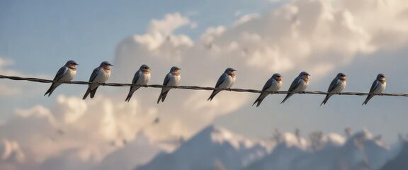 Serene artwork of swallows perched peacefully on wire, peaceful, serene, wire, migration