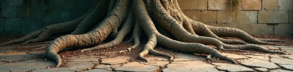 Cracked and crumbling concrete foundation with roots of an ancient tree, ruin, concrete