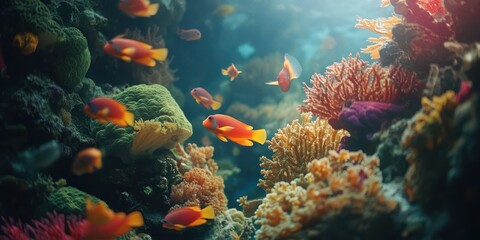 Naklejka premium Vibrant coral reef fish aquarium scene, underwater background, nature documentary