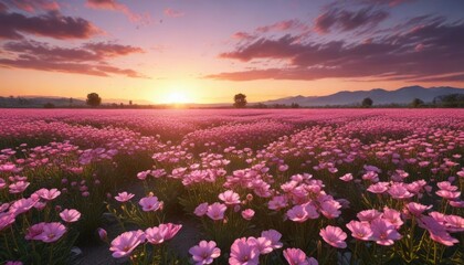 Field of pink flowers with sunset in the background , field, botanical