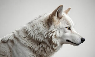Obraz premium Side view of elegant white gray wolf on white background, fierce, arctic, endangered, dangerous