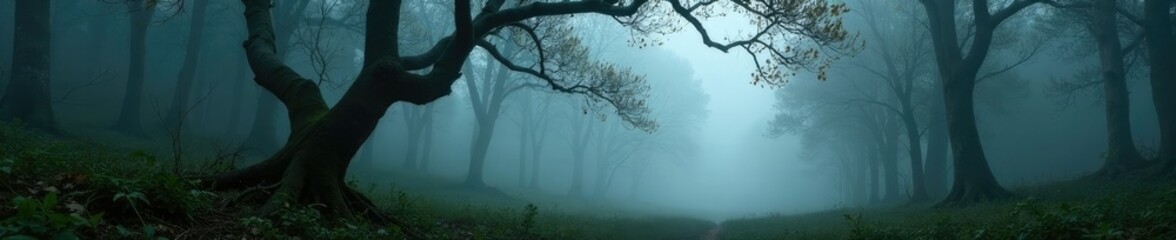 Foggy forest landscape with twisted tree branches, nature, woods, trees