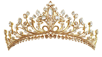 Golden crown sparkling with numerous diamonds on transparent background