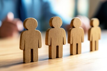 Wooden figurines representing people standing in a line on a table with a blurred background, symbolizing diversity, teamwork, and collaboration in business settings.