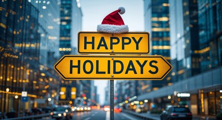 Obraz premium happy holidays text on road sign in middle of modern business city background