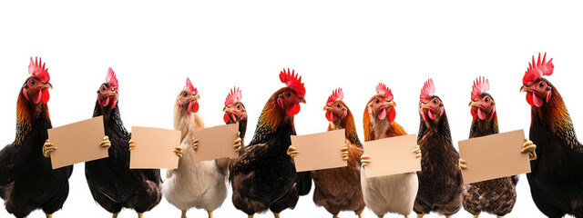 Chickens holding banners, isolated on transparency background, showcasing humorous and playful scene. These birds express their message with enthusiasm and charm