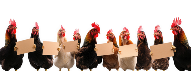 Chickens holding banners, isolated on transparency background, showcasing humorous and playful scene. These birds express their message with enthusiasm and charm