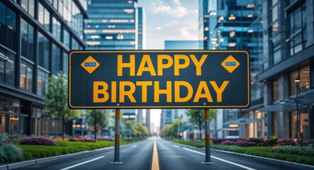Obraz premium happy birthday text on road sign in middle of modern business city background