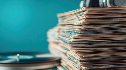 Timeless grooves emerge from a stack of vinyl records with vintage charm