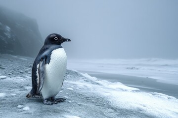 Fototapeta premium Solitude on Ice: A Lone Penguin in Its Natural Habitat Observing the Frozen Shoreline
