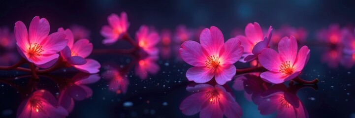 Fototapeta premium small pink flowers glowing in dark mirrored space, darkness, illuminated