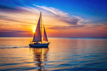 Small sailboat with a single mast and navy blue sails sailing through calm ocean waves at sunrise, sailing, boats, sea