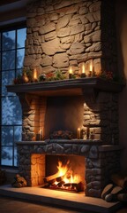 Flickering light of a stone fireplace on a cold winter night, darkness, warmth, stone