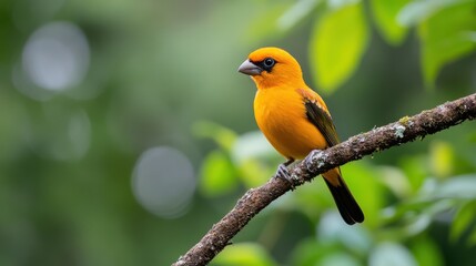 Naklejka premium Colorful tropical birds singing on vibrant green trees in a sunlit paradise