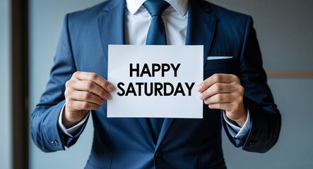 happy Saturday text on plain white paper in hand on guy on formal suit business concept background
